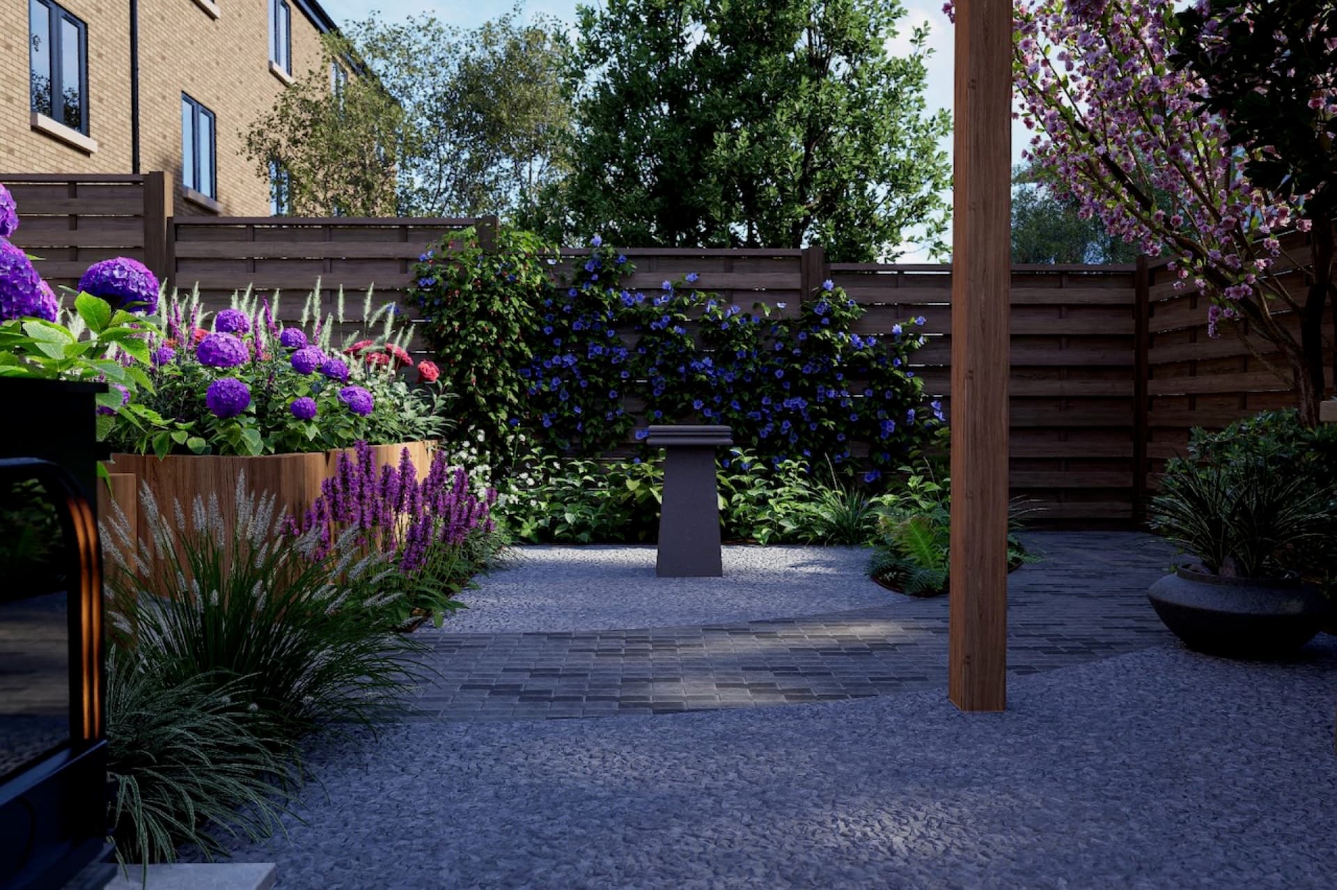 Photoreal render of a courtyard garden at dusk: corten raised beds of hydrangea and salvia, stone setts and a climbing-rose fence